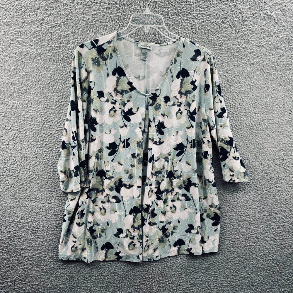 Catherines Women Top 2X Floral Tunic Plus Size 3/4 Sleeve Casual Workwear Office